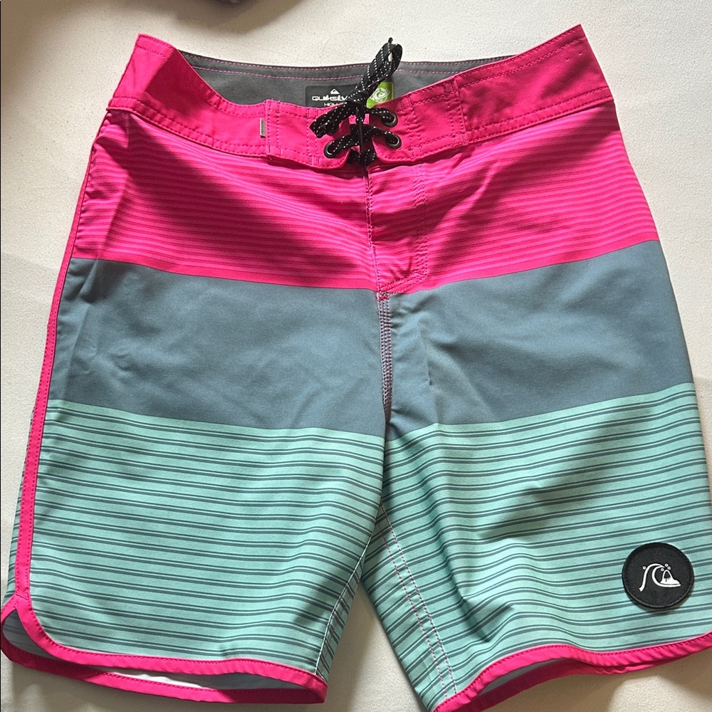Quiksilver Pink Teal Gray Striped Board Shorts